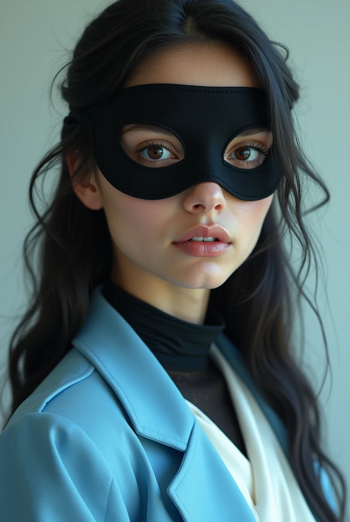 A beautiful 18year old girl or beautiful eyes so big, with a black mask in school dress, white salbar and sky suit