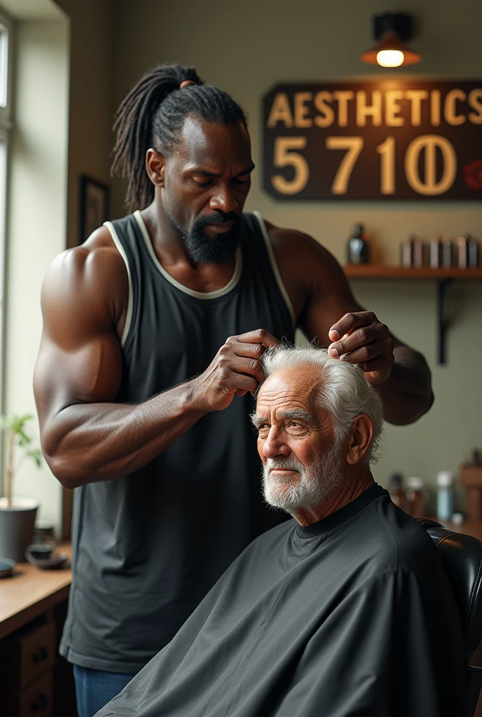 Generates an image of Shaquille O'Neal with a ponytail, cutting an old man's hair and in the background a sign that says Aesthetics 57100