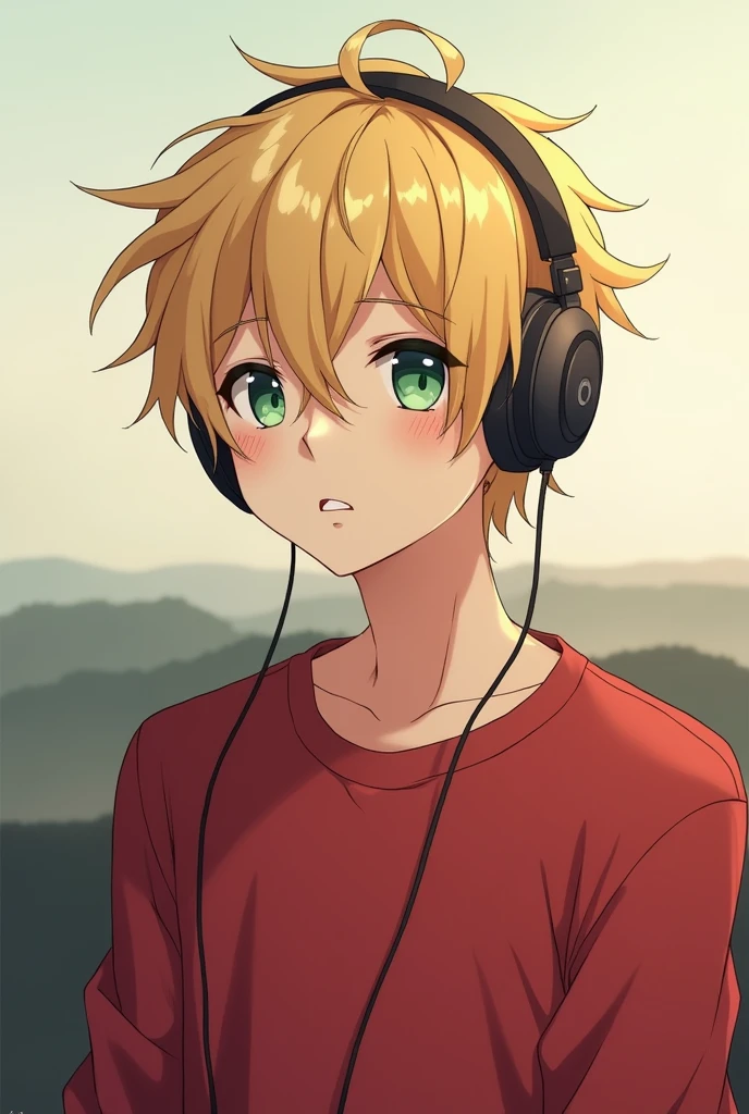 Create an anime-style image of a male character with blond hair, Wearing Headphones, greeneyes, he has a small mole on his nose, and wearing a red sweatshirt. He is wearing a red sweatshirt and has a reflective expression looking at the horizon. 
