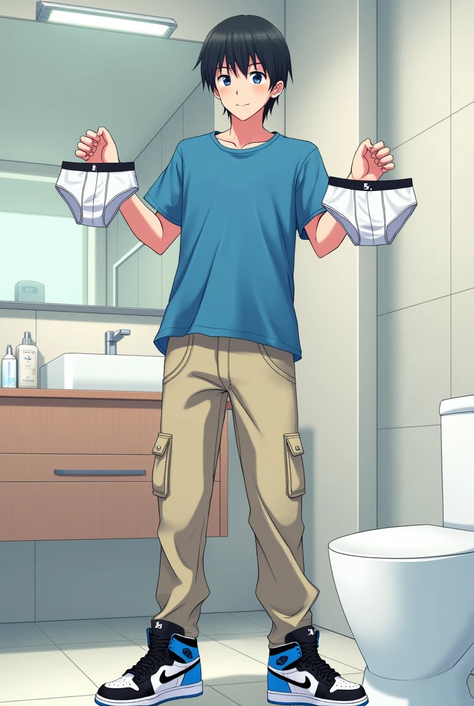 into the image, a teenager of , with white skin and straight black hair, is posing in a bathroom. He wears a blue t-shirt and beige cargo pants., complemented by a pair of Air Jordan sneakers in blue, black andwhite. The young man is holding a pair of white boxer briefs with both hands, displaying it to the "Camera". The bathroom in the background is modern and minimalist., with details like a large mirror and light tiles. The teenager&#39;s expression is relaxed and a little amused., giving a casual and informal tone to the image, In anime style.