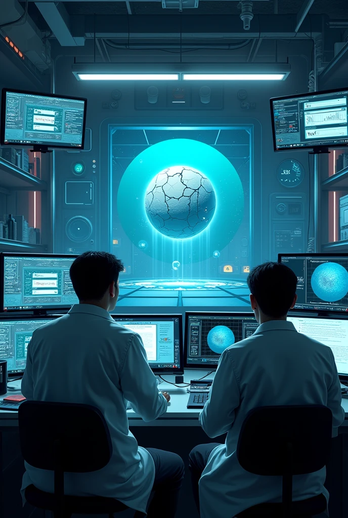In a laboratory two researchers were watching several screens showing the results of an experiment and one of the screens showed an image of an experiment room with a cracked round sphere floating in it.. And on another screen you see levels that indicate that something is failing.