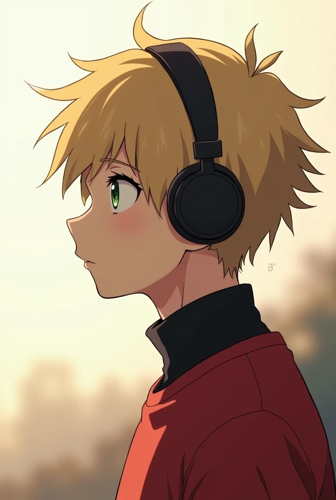 A profile picture of an anime boy with blonde hair and green eyes, short hair with eyeliner, and with thoughtful headphones, in a red sweatshirt and turtleneck, and watching the horizon, a little serious and melancholic
