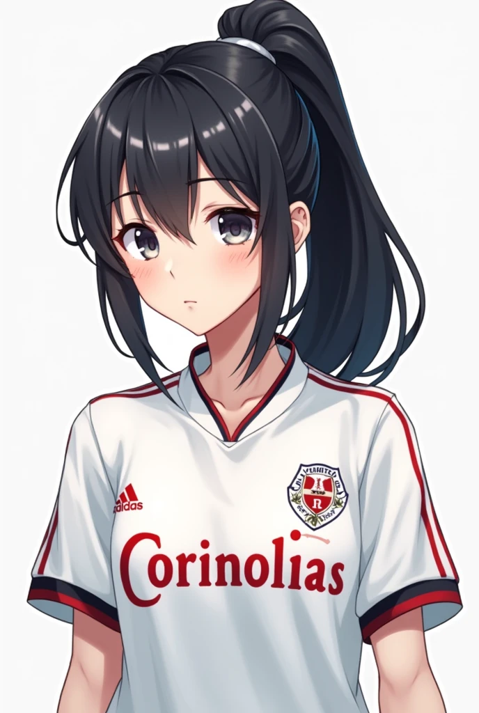 white girl with ponytail hairstyle black hair color white Corinthians shirt anime style