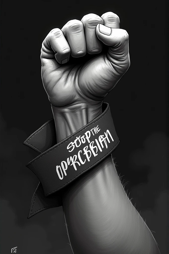 fist holding a ribbon with text “stop the oppression