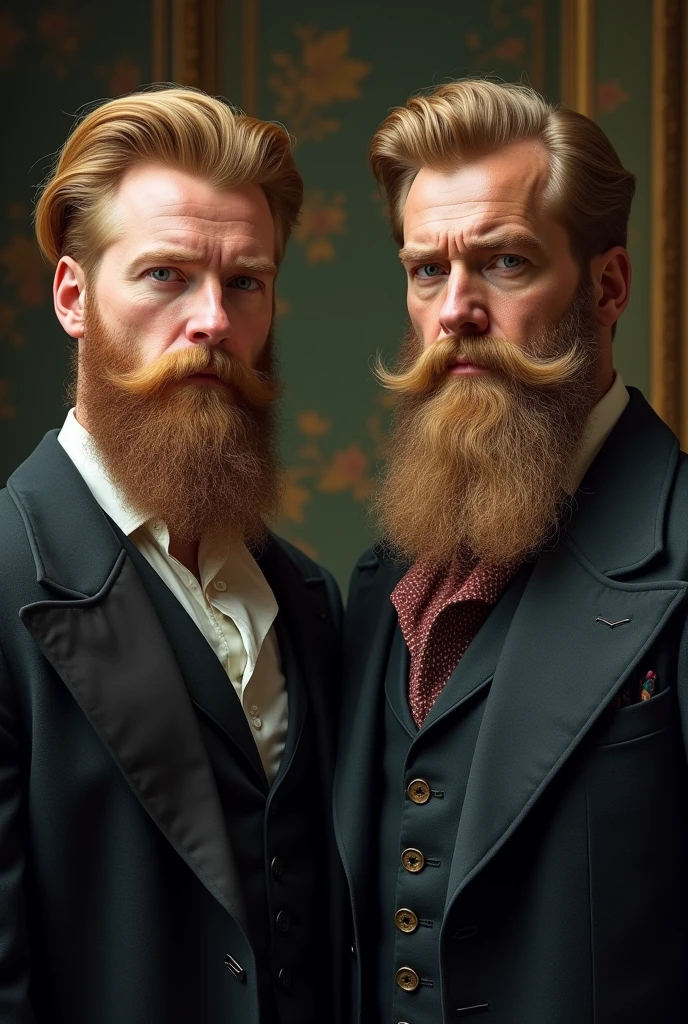 Handsome 2 man not very realistic style gradient hair big beard made blond 19th century 