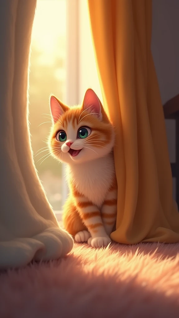 A scene of a cat peeking out from behind a curtain. The cat is hiding in a secret spot that it only shows to its favorite person, with a playful sparkle in its eyes. The cat is peeking out from behind the curtain, hoping to be found by its owner.