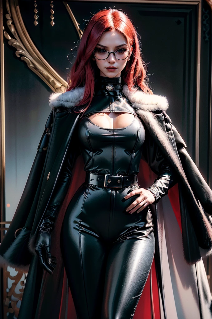 a beautiful young woman with long red hair, slim body, thin waist, narrow hips, detailed facial features, ((wearing high quality high waist black latex pants)), ((wearing formal white colored silk shirt with cleavage and long sleeves)), ((wearing black fur coat)), ((coat on shoulders)), ((red lining)), ((double luxury waist belt)), ((slightly red tinted glasses)), ((expensive reflective silk scarf)), holding a handbag, hand on waist, (best quality,4k,8k,highres,masterpiece:1.2),ultra-detailed,(realistic,photorealistic,photo-realistic:1.37),high fashion,editorial,dramatic lighting,cinematic,vivid colors,intricate details, glamorous