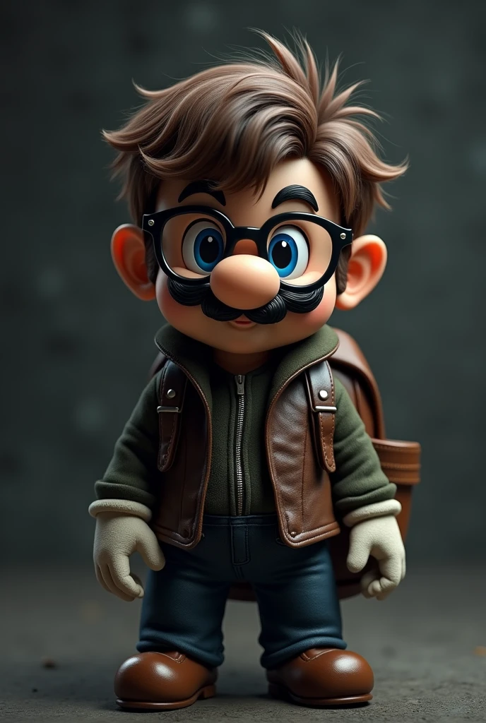 Mario bross emo baby with leather vest, mustache, Transparent glasses, brown backpack and looking straight ahead with dark grey background