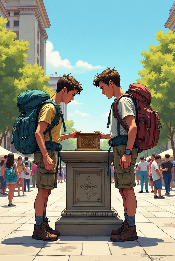 drawn in the form of a colored drawing, a backpacker is looking at a box that is on top of a pedestal in an outdoor plaza