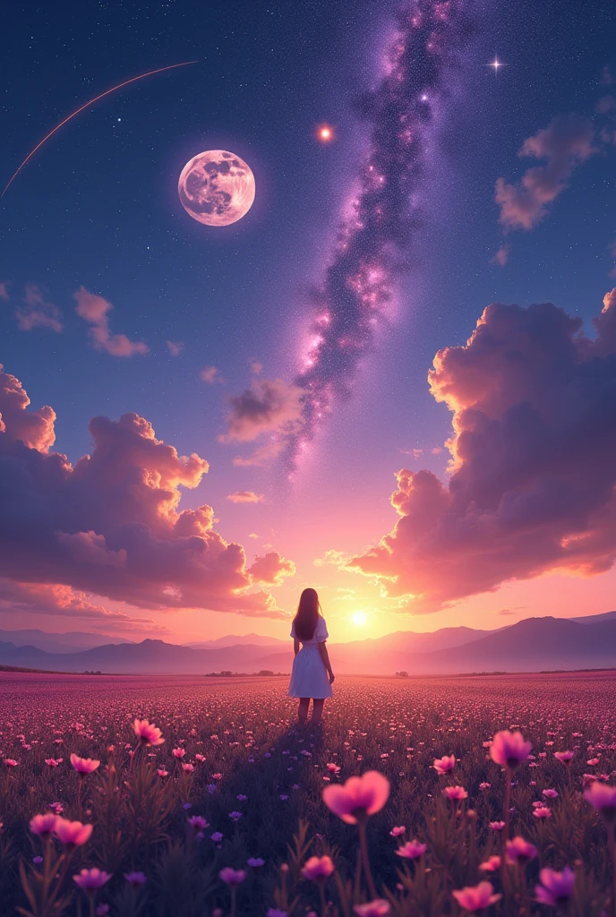 expansive landscape photograph, (a view from below showing the sky above and the open country below), a woman standing in a field of flowers looking up, (fullmoon: 1.2), (shooting stars: 0.9), (nebula: 1.3), distant mountain, BREAK tree production art, (Warm Light Source: 1.2), (firefly: 1.2), Light bulb, lot of purple and orange, details Intricate, volumetric lighting, BREAKING realism (Masterpiece artwork: 1.2) , (best qualityer), 4K, ultra detali, (dynamic composition: 1.4), highly detailed colorful details, (Iridescent Colors: 1.2), (bright lighting, atmospheric lighting), dreamy, magical, (standing alone: 1.2)