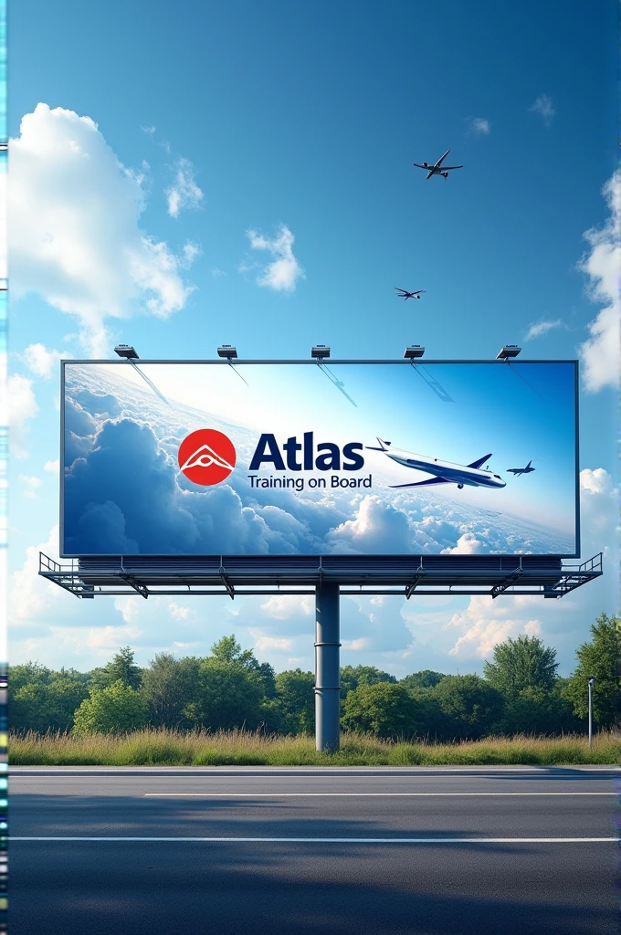 Create a horizontal billboard with the following features: Aviation School whose corporate name is "Atlas Training On Board"