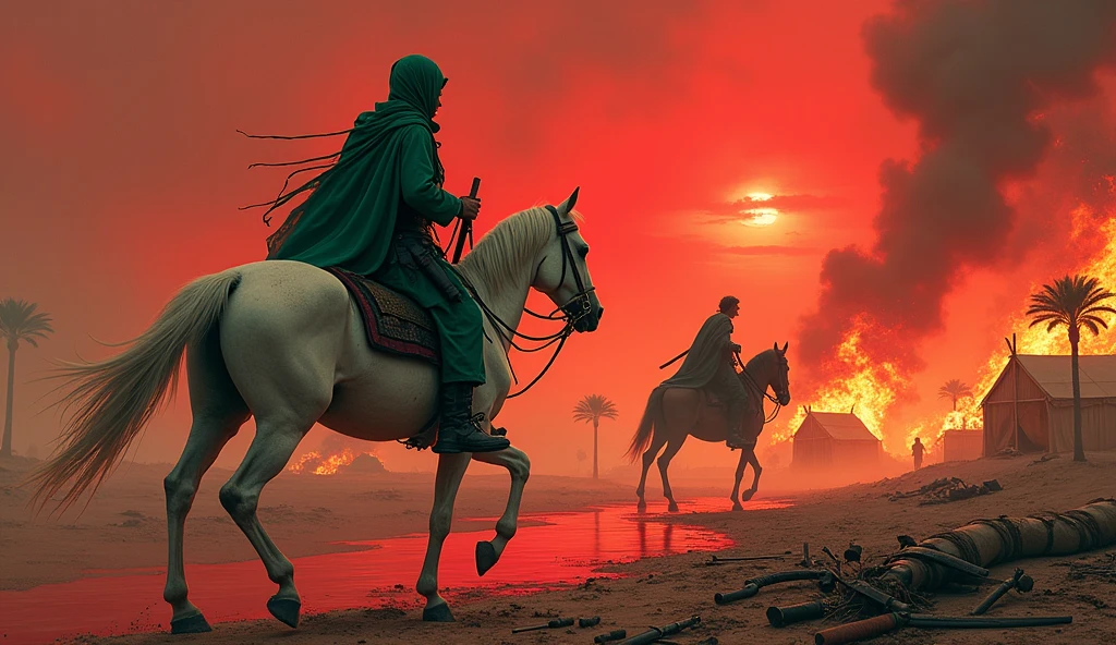bloody sky, sun set, arrow everywhere, burning tents, date trees, blood everywhere, bloody swords, army with swords, knife, sheilds, and fire woods in his hand, a white wounded horse, heavy smoke, a bloody river, a men which wear green hijab and proper fighting suit, a person who has no hand and sitting on a horse