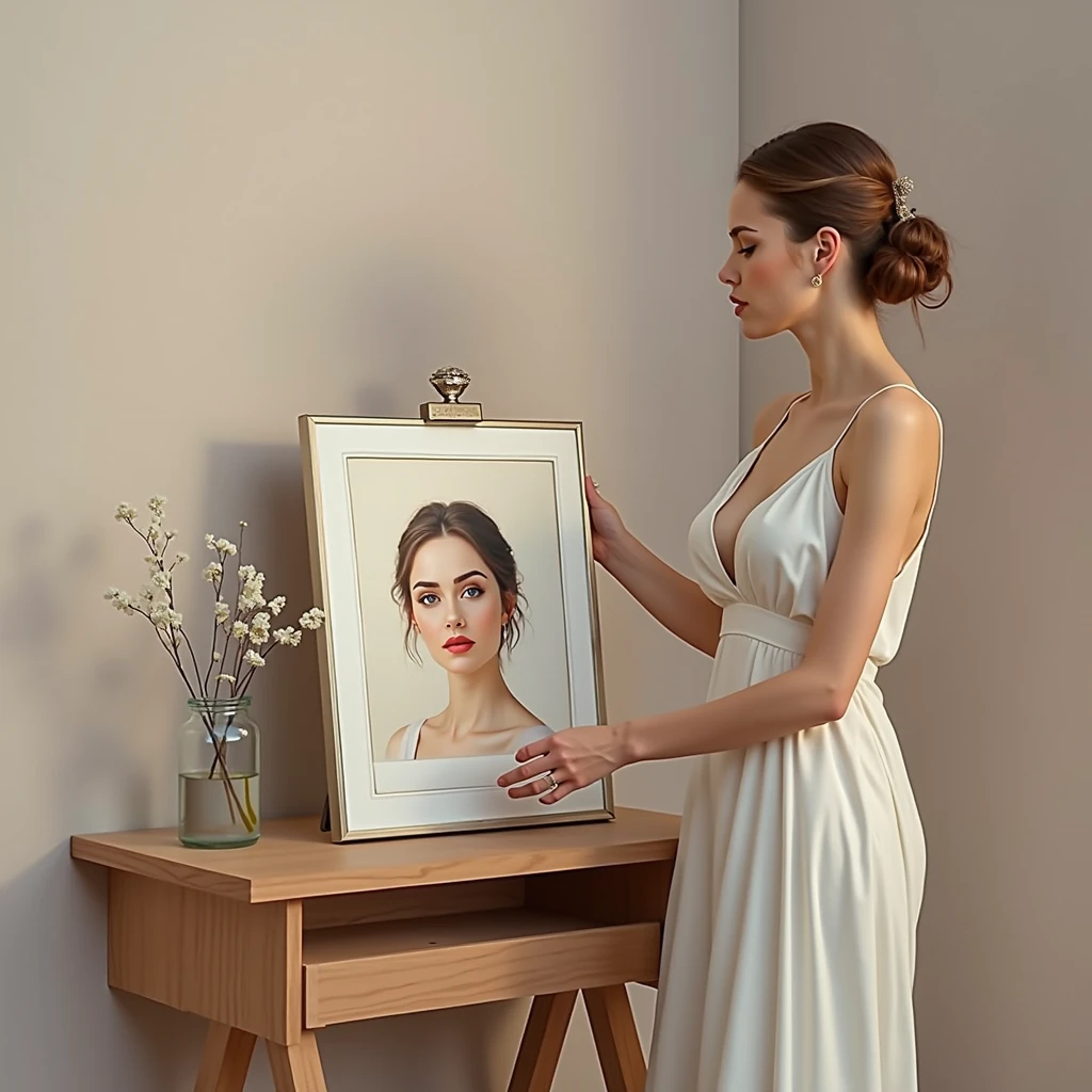 A woman holding a blank canvas frame, elegant detailed woman, beautiful detailed eyes, beautiful detailed lips, extremely detailed face and skin, long eyelashes, elegant dress, delicate fingers, serene expression, natural lighting, soft shadows, warm color palette, oil painting, hyperrealistic, 8k, photorealistic, masterpiece, intricate details, dramatic lighting, cinematic composition, dramatic poses, glowing skin, detailed fabric, ethereal atmosphere
