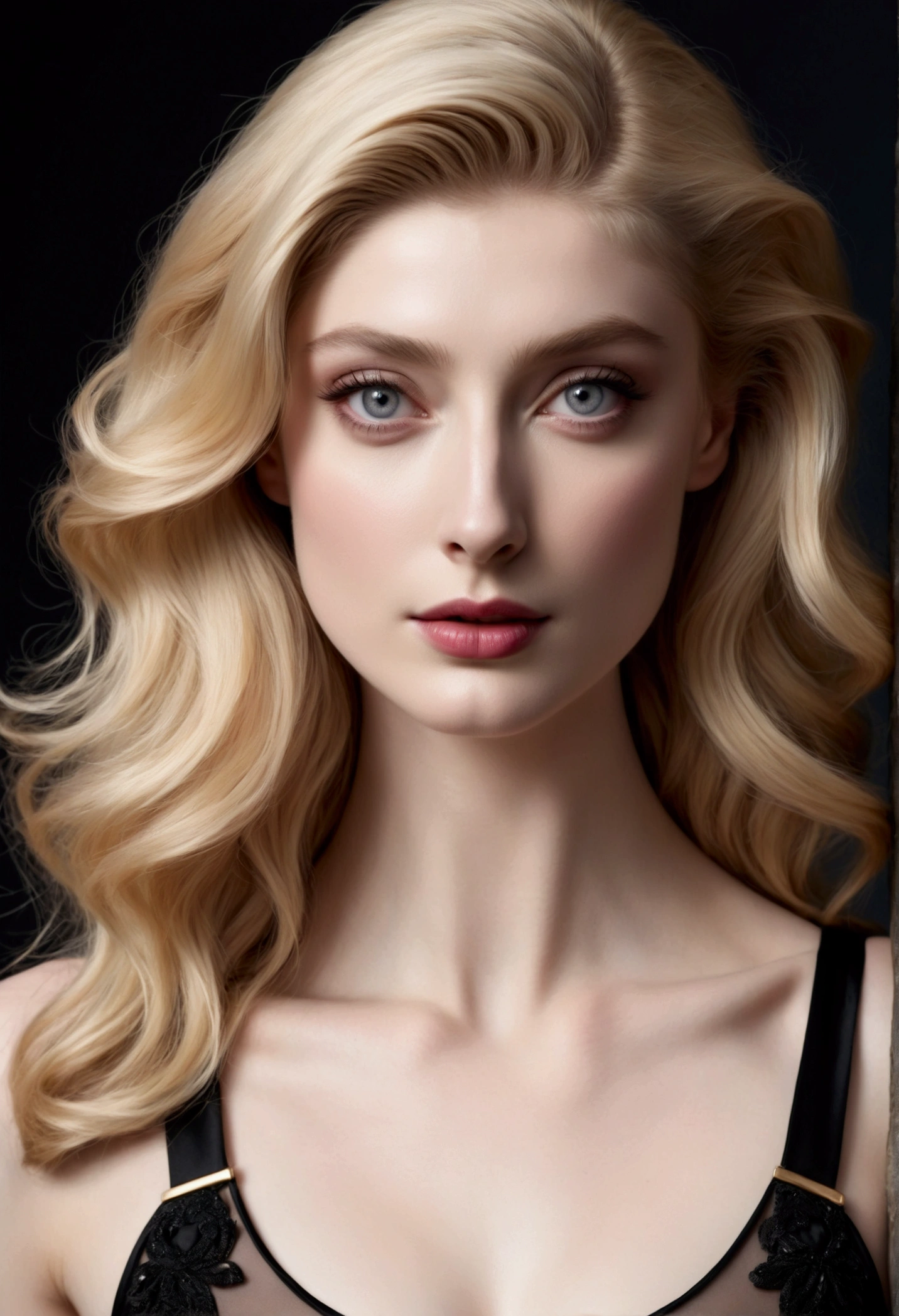 HYBRID FACE BETWEEN HELENA KAMPOURIS AND ELIZABETH DEBICKI, VERY PALE SKIN, HIGH CHEEKBONES, ROSY CHEEKS, MENTAL FORAMEN, GORGEOUS LIPS, GRAY EYES, LONG BLOND HAIR, DIFFUSED DAYLIGHTS ON FACE, BLACK CACKGROUND, MASTERPIECE