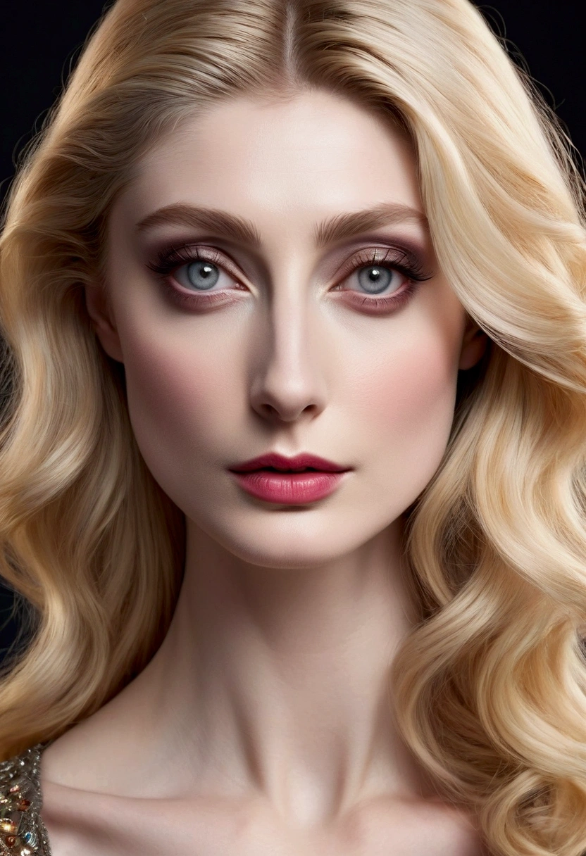 HYBRID FACE BETWEEN HELENA KAMPOURIS AND ELIZABETH DEBICKI, VERY PALE SKIN, HIGH CHEEKBONES, ROSY CHEEKS, MENTAL FORAMEN, GORGEOUS LIPS, GRAY EYES, LONG BLOND HAIR, DIFFUSED DAYLIGHTS ON FACE, BLACK CACKGROUND, MASTERPIECE