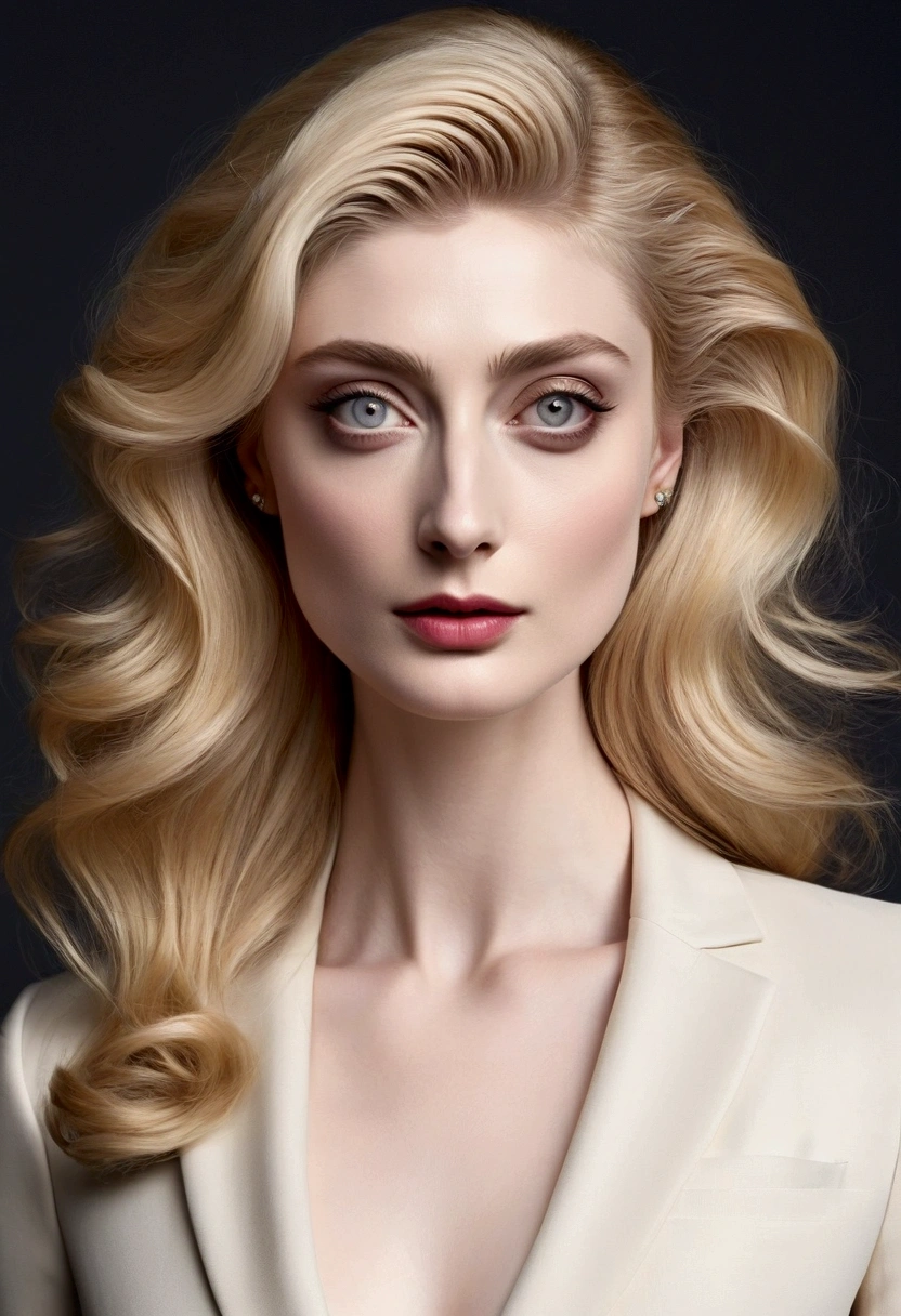 HYBRID FACE BETWEEN HELENA KAMPOURIS AND ELIZABETH DEBICKI, VERY PALE SKIN, HIGH CHEEKBONES, ROSY CHEEKS, MENTAL FORAMEN, GORGEOUS LIPS, GRAY EYES, LONG BLOND HAIR, DIFFUSED DAYLIGHTS ON FACE, BLACK CACKGROUND, MASTERPIECE