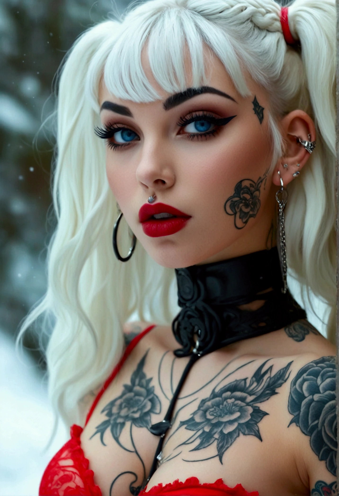 Hyper realistic photo perfect young girl, sexy seductive facial features, tattooed face, smooth snow white skin, thin curved black eyebrows, Black eyeliner, dark black eye shadow, neon blue eyes, crazy eyes, thick black lipstick, curved lips, extremely detailed long black wavy hair, vibrant red highlights, earrings, lip piercings, choker collar with chains, ((complete fullbody)), larg voluptuous breast,detailed small perky nipples, tattooed breast, tattooed Sternum underboob, tattooed stomach, slim waist, toned hips, toned thighs, tattooed back, tattooed hips, age vagina, perfect pussy, thick toned ass, tattooed vagina, tattooed ass,