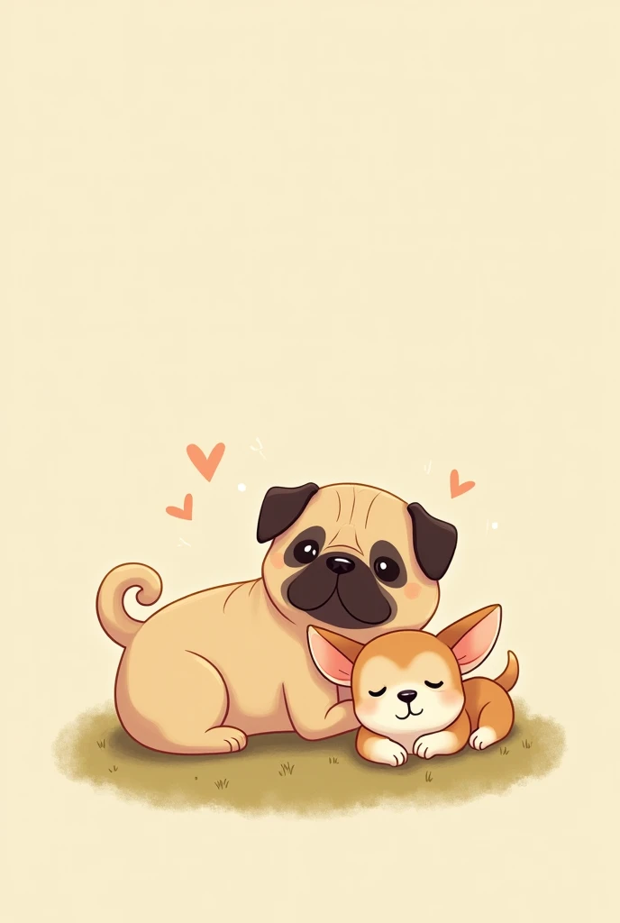Create a simple cartoon of a pug and a chihuahua sleeping happily with some detail