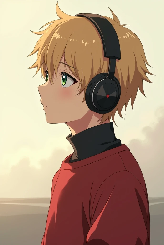 A profile picture of an anime boy with blonde hair and green eyes, short hair with eyeliner, and with thoughtful headphones, in a red sweatshirt and turtleneck, and watching the horizon, a little serious and melancholic 