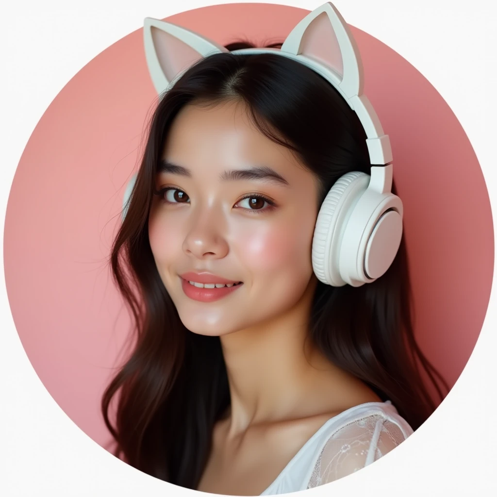 High-quality photograph of a profile avatar featuring a young woman of European descent with a light smile on her lips and a subtly seductive gaze, looking directly into the camera. She is wearing large, white over-ear headphones with playful cat ears on top. Her smooth skin, with a slight blush on her cheeks, is softly illuminated by a neutral white light that highlights her features and separates her face from the softly blurred, pink background. Her lips are slightly parted, adding to her serene expression. She has long, dark hair that falls naturally around her face, with a few loose strands framing her features, giving her a charming and approachable look. The composition includes extra space around the edges, making it ideal for cropping into a circular shape while keeping the focus on her face and the headphones. The overall appearance is of a pretty, everyday young woman, rather than a model, with a cute and whimsical touch from the cat ear headphones.