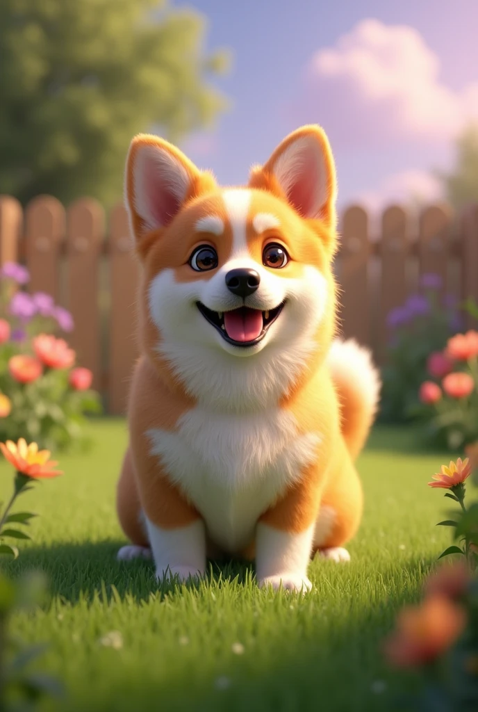 A real photorealistic image of a happy yellow medium sized corgi crossbreed female dog in a garden with green grass and purple sky 