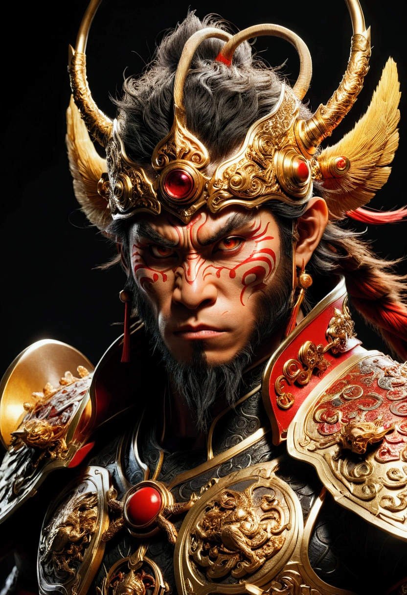 Monkey face, Wukong, Black Myth, a highly detailed 3D render of the character Sun Wukong from the video game Black Myth, masterfully crafted with extreme precision, dynamic lighting, dramatic camera angle, ornate detailed armor, muscular physique, fierce expression, glowing golden staff, otherworldly fantasy environment, cinematic composition, vibrant colors, dramatic shadows, award-winning quality, masterpiece, best quality, very aesthetic, absurdres