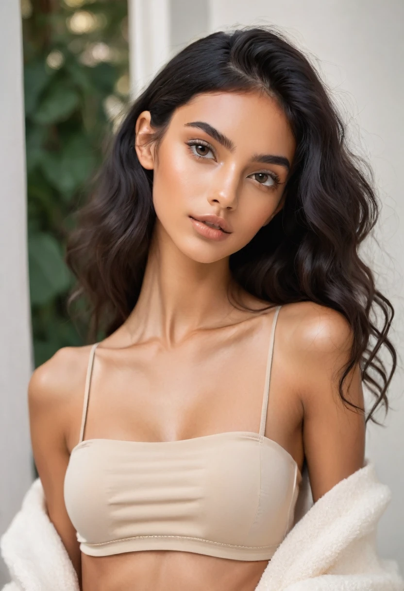 Skinny young woman influencer with protruding collarbones and chest bones wavy black hair tan skin perfect face 