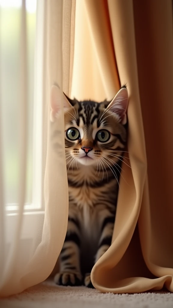  A scene of a cat peeking out from behind a curtain. The cat is hiding in a secret spot that it only shows to its favorite person, with a playful sparkle in its eyes. The cat is peeking out from behind the curtain, hoping to be found by its owner.8k