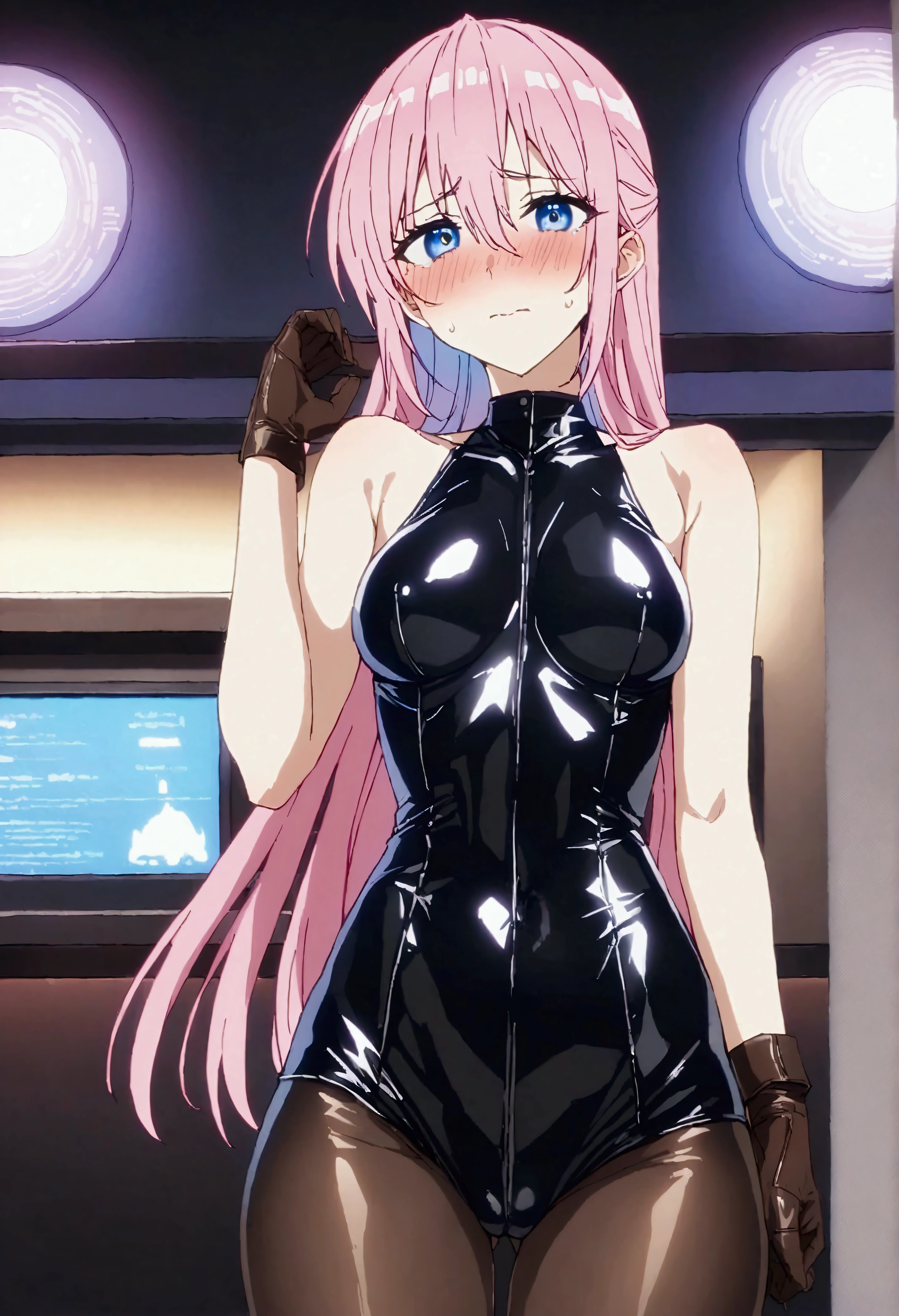 NSFW,masterpiece,Highest quality,High resolution,Very detailed,Shikimori-san\(可愛いだけじゃないShikimori-san\),Pink Hair、Long Hair、blue eyes、Hair between the eyes、bangs,Embarrassed,blush,Leather Suit,Sleeveless,Leather tights,Leather Gloves,htlife,Hotel district,cyber punk,(Bad looking middle-aged man)