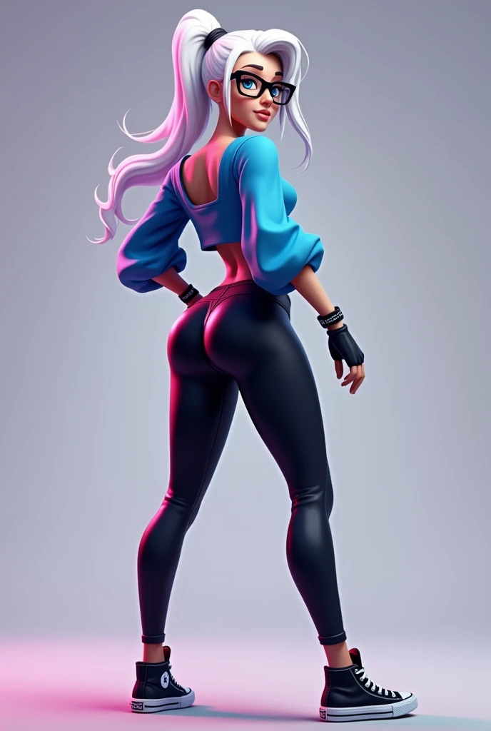 fortnite style girl, long white hair, Broad Hips, blue colored eyes, wearing glasses, Allstar Sneakers, sexy blue top blouse black leggings full body back
