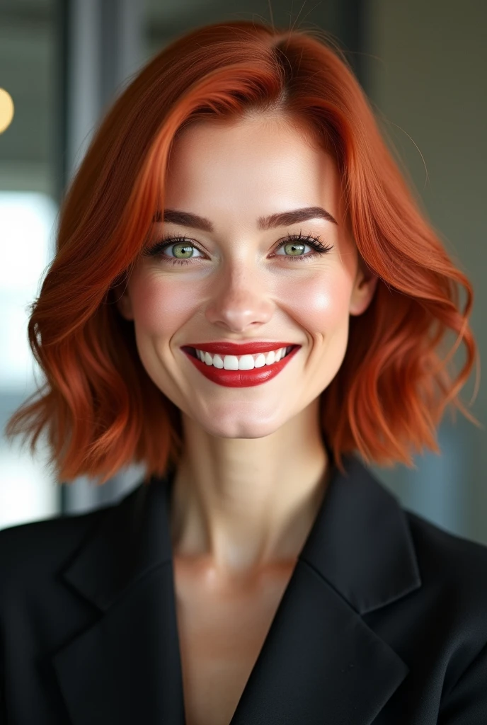 (photorealism:1.2) ,A businesswoman with red bobbed hair, green eyes, and a beautiful smile.