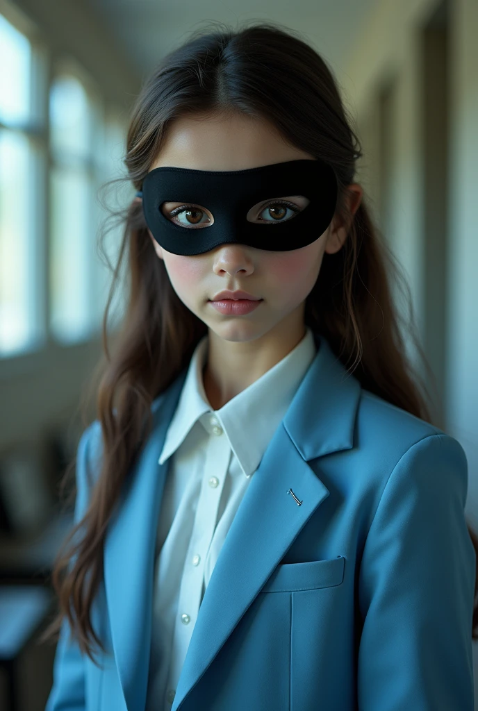 A beautiful 1 girl or beautiful big eyes with a black mask in school dress, white salbar and sky suit 