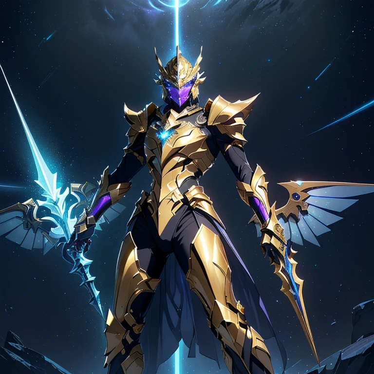 It's a man. The image presents a highly detailed and futuristic armor designed for a male warrior. The armor combines elements from different parts to create a cohesive and powerful look.
Helmet: The helmet features a sleek, aerodynamic design with a golden metallic finish. It has a central crest that rises upwards, and the visor glows with a bright blue light, giving it a high-tech, futuristic appearance.
Pauldrons (Shoulder Pads): The shoulder pads are large and wing-like, curving outward and upward, with a polished golden finish. These pads extend slightly beyond the shoulders and include a sleek, angular design, providing both a majestic and powerful look.
Chest Plate: The chest plate is intricately segmented, with a combination of gold and dark metallic blue. It has a gem-like crystal in the center that emits a soft, mystical glow. The design of the chest plate is both protective and regal, with sharp, angular lines that add to the overall futuristic aesthetic.
Arm Guards: The arm guards are sleek and streamlined, with articulated golden and purple segments that offer flexibility and protection. The design of the gauntlets is both robust and elegant, incorporating futuristic elements that blend with the classic style.
Leg Armor: The legs are armored with segmented plates that are primarily gold and purple. The boots are angular and sturdy, with a design that conveys both strength and agility. The overall look of the leg armor is grounded yet sleek, completing the ensemble with a powerful stance.
The background of the image is a dark cosmic scene, filled with distant stars and nebulae that highlight the polished surfaces of the armor. Dynamic lighting is used to emphasize the key features, particularly the glowing visor and central chest gem, reinforcing the mystical and imposing nature of the warrior.