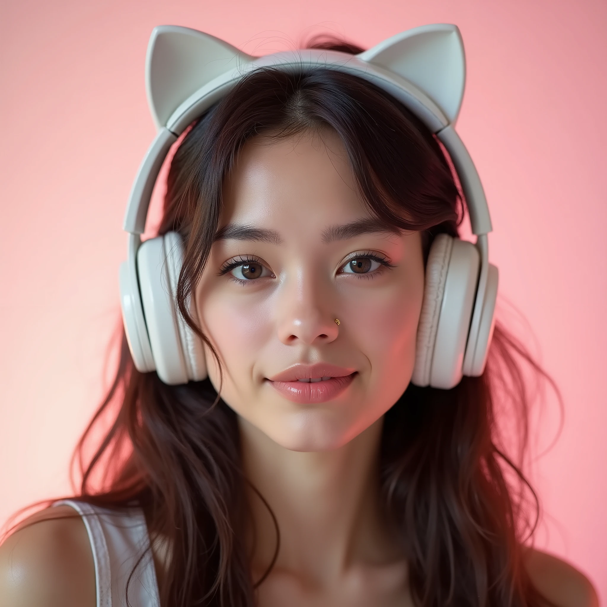 High-quality photograph of a profile avatar featuring a young woman of European descent with a light smile on her lips and a subtly seductive gaze, looking directly into the camera. She is wearing large, white over-ear headphones with playful cat ears on top. Her smooth skin, with a slight blush on her cheeks, is softly illuminated by a neutral white light that highlights her features and separates her face from the softly blurred, pink background. Her lips are slightly parted, adding to her serene expression. She has long, dark hair that falls naturally around her face, with a few loose strands framing her features, giving her a charming and approachable look. The composition includes extra space around the edges, making it ideal for cropping into a circular shape while keeping the focus on her face and the headphones. The overall appearance is of a pretty, everyday young woman, rather than a model, with a cute and whimsical touch from the cat ear headphones.