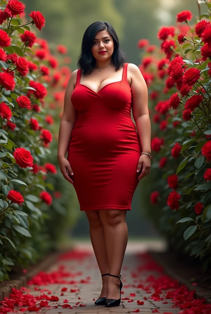 woman, shoulder-length straight black hair, medium bust, wide hips, red dress, chubby, black heels, among red roses, looking at the camera, photorealistic