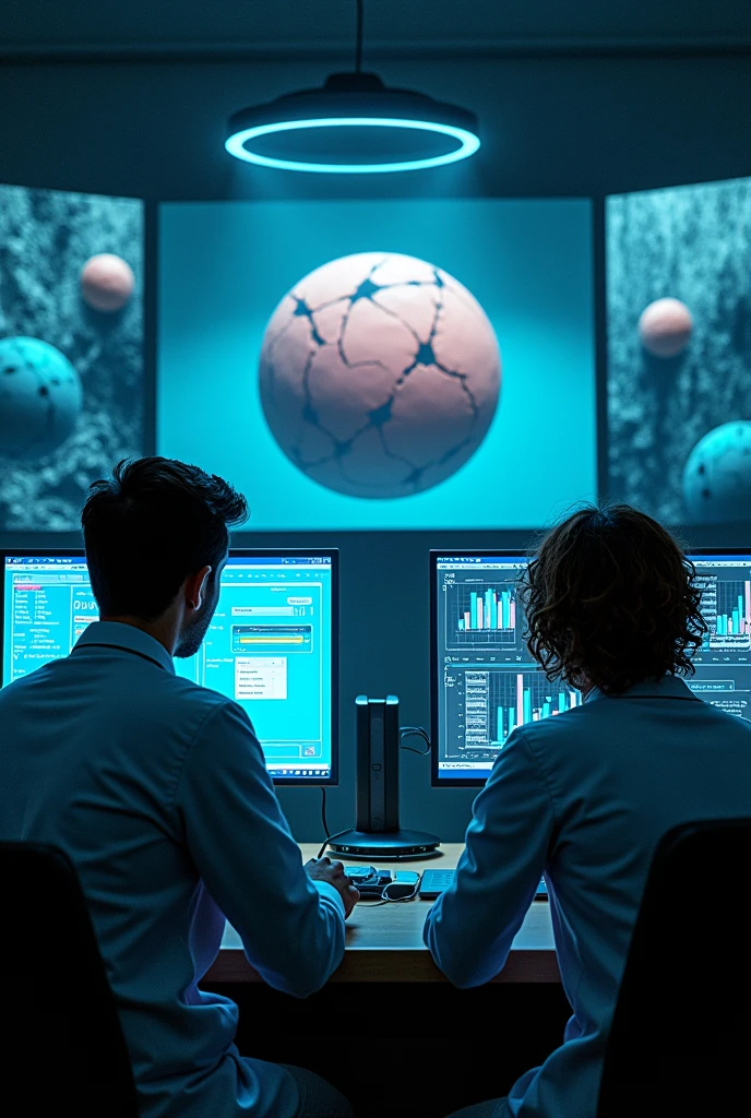In a laboratory two researchers were watching several screens showing the results of an experiment and one of the small screens showed an image of an experiment room with a cracked round sphere floating in it.. And on another screen you see levels that indicate that something is failing.