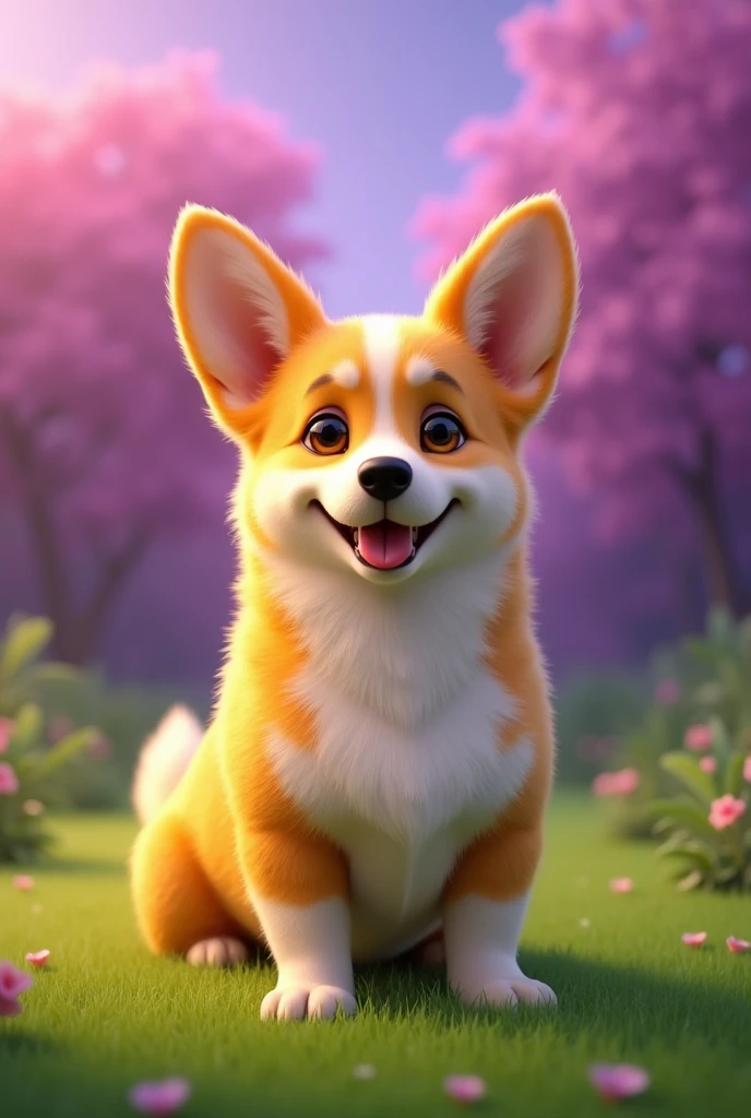 A real photorealistic image of a happy yellow thin medium sized corgi crossbreed female dog in a garden with green grass and purple sky