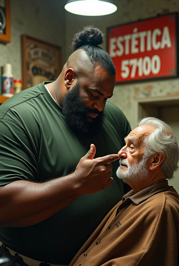 Generates an image of fat shaquille o'neal with a ponytail up, cutting an old man's hair and in the background a sign in Spanish that says 'Estética 57100'