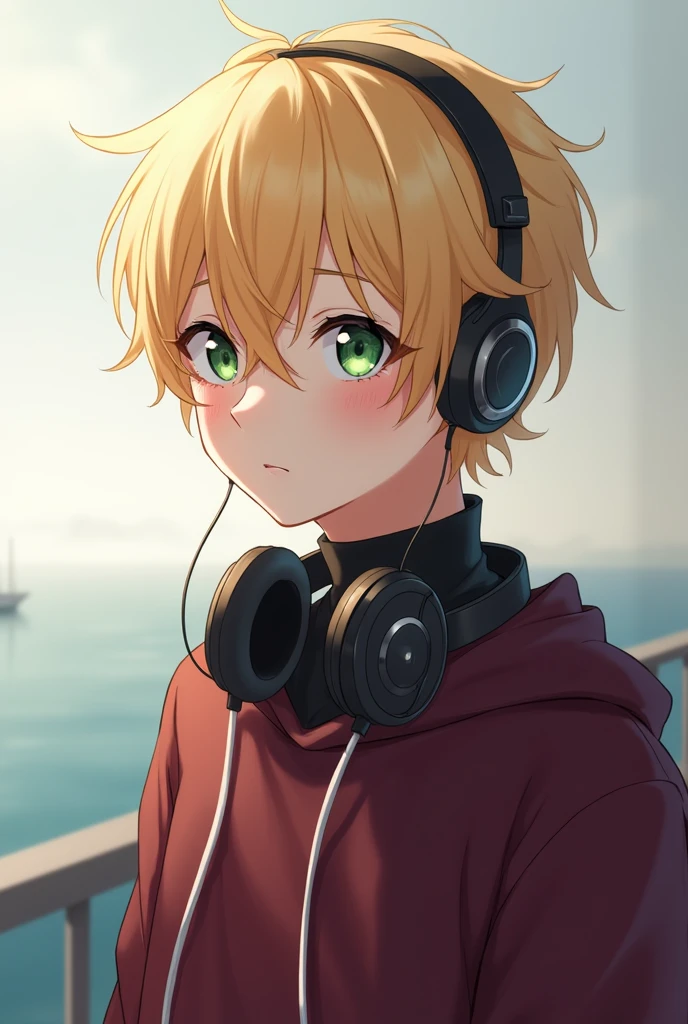 A profile picture of an anime boy with blonde hair and green eyes, short hair with strong black eyeliner, and with thoughtful headphones, in wine-colored sweatshirts and turtlenecks, and watching the horizon, a little serious and melancholic