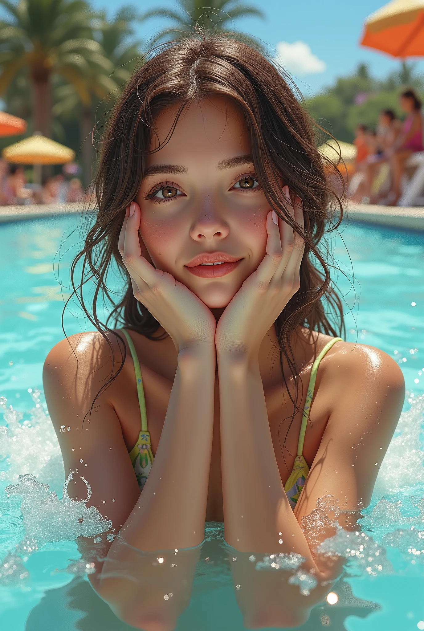 A beautiful girl at a water park sitting looking innocent, (photorealism:1.2), beautiful, normal hands, reg Rutkowski, by Alphonse Mucha, Masterpiece
