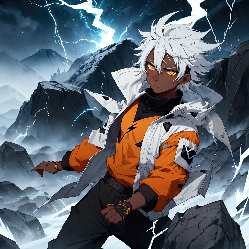 young male, yellow eyes, dark skin, black pants, black and orange gi, white turtleneck, medium sleeves, half white half blue hair, messy hair, serious expression, lightning powers, electric aura, mountain background