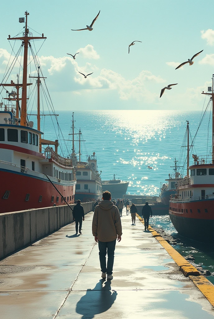 I need a sketch of a photo montage on a pedestrian in the port of Mar del Plata and that the sea can be seen.