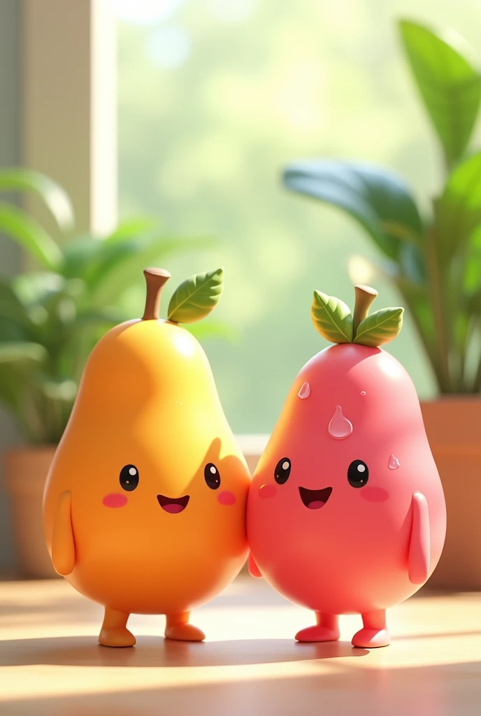 Create an image of two adorable, cartoonish fruit characters, one orange and one pink, both with cheerful smiles and tiny arms and legs. They have glossy, semi-transparent surfaces with tiny water droplets, and each has a small leaf on top. The background features a bright and airy indoor setting with green plants and soft natural light, creating a cozy atmosphere. The scene conveys a sense of happiness and friendship, with a gentle bokeh effect in the background.