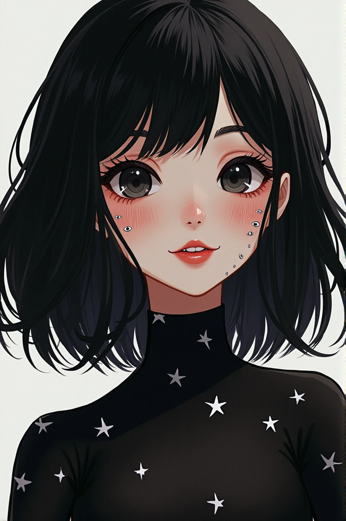 A girl in a black star fire costume, Shoulder length black hair, slightly wavy, dos piercings (snake bites) on her lips, big slanted black eyes, thin eyebrows, outlined something big, Medium sized but full red lips , cute smile with some little eyes on her cheek.