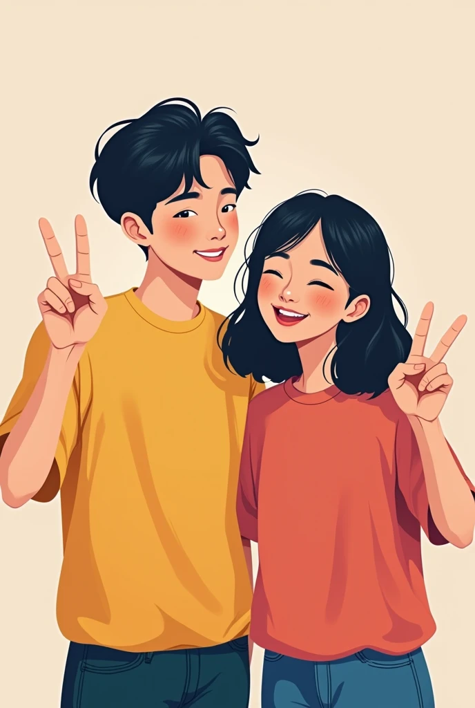 Vector art of couple wearing buggy plain shirt and both doing peace sign with winky face. The guy has korean like hair style. The girl has medium length hair.