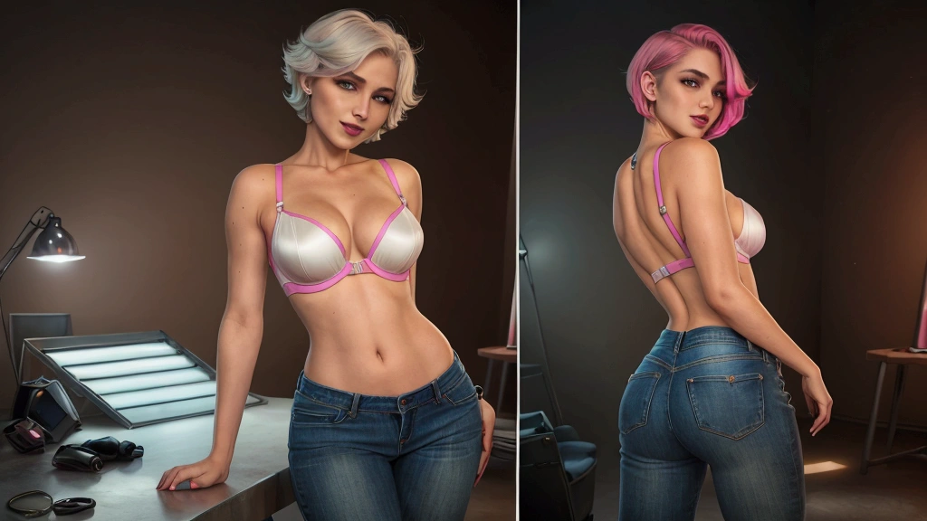 (best qualityer, ultra detali, photorrealistic: 1.39), bright and vibrant colors, studio lighting, romantic expression, short jeans, bra, platinum undercut, colored hair, breasts small, adjusting, shorth hair, mercenary, sorriso sexy