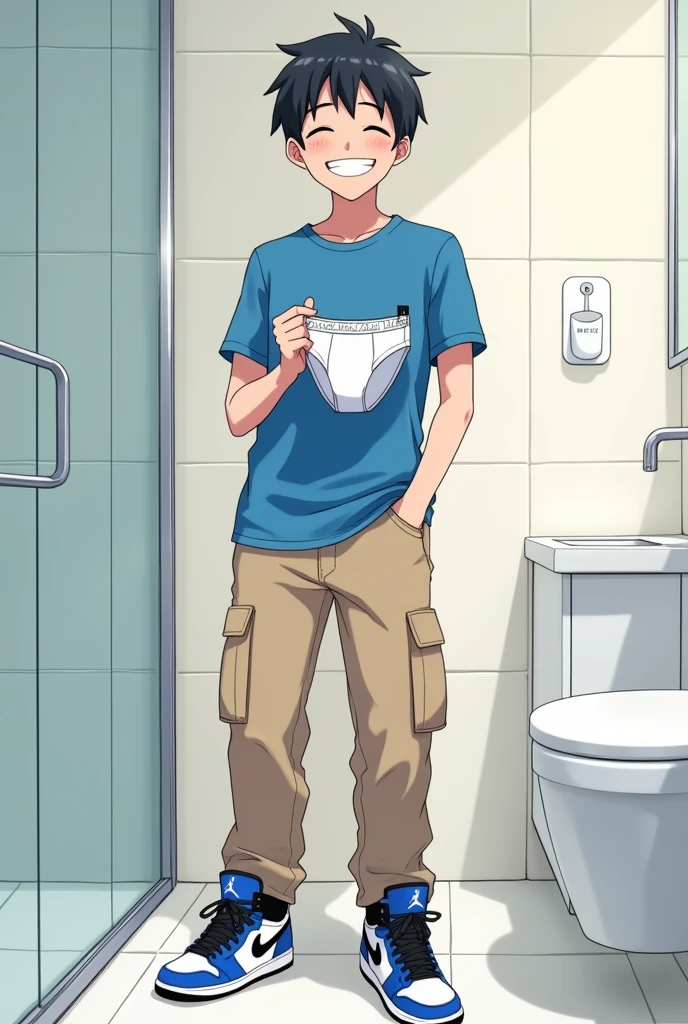 into the image, a cool teenager , with white skin and straight black hair, is posing in a bathroom. He wears a blue t-shirt and beige cargo pants., complemented by a pair of Air Jordan sneakers in blue, black andwhite. The young man is holding only a pair of white boxer briefs with both hands, displaying it to the "Camera", with a happy and relieved expression. The bathroom in the background is modern and minimalist., with details like a large mirror and light tiles. The teenager&#39;s expression is relaxed and a little amused., giving a casual and informal tone to the image, In anime style.
