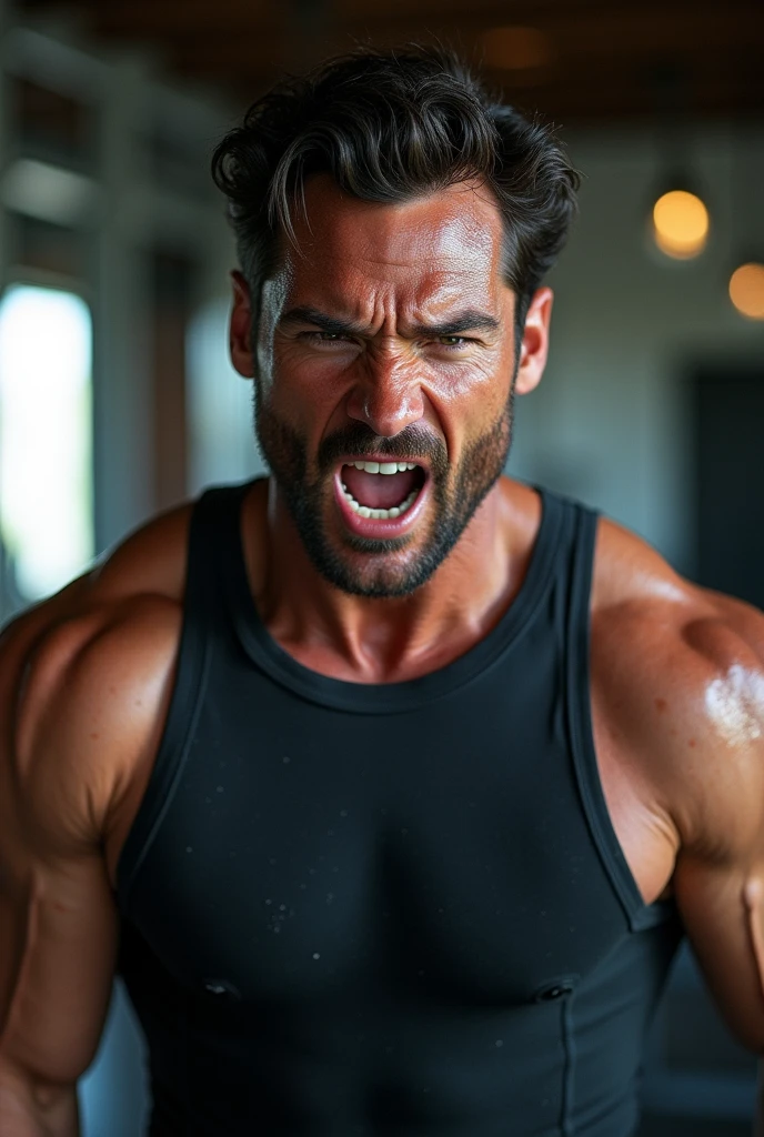 "A scene in a gym where an athlete is pushing themselves to the limit. Sweat pours down their face, and muscles are visibly straining. The background is blurred to focus on their face and intense effort, with a glowing light source behind them symbolizing the sun."