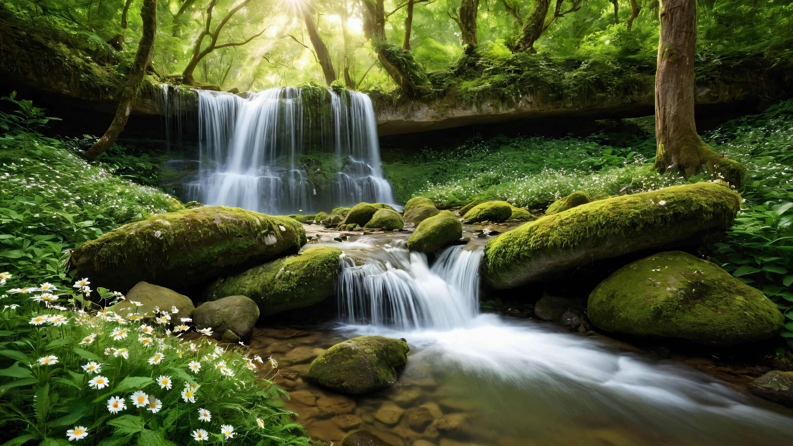 A tranquil, high-resolution image capturing the serene experience of being deep in a lush green forest. Towering emerald trees stretch towards the sky, their dense foliage creating a natural canopy. Sunlight filters through the leaves, casting dappled patterns on the forest floor. Through the gaps in the trees, a clear blue sky with fluffy white clouds is visible. In the distance, two cascading waterfalls—one large and one smaller—pour down gracefully, their white streams blending with the green surroundings. A crystal-clear stream flows gently from the base of the waterfalls, winding through a vibrant carpet of lush grass dotted with colorful wildflowers. A playful squirrel leaps across the scene while birds flutter gracefully among the trees, adding life and movement to this peaceful, nature-filled setting.
