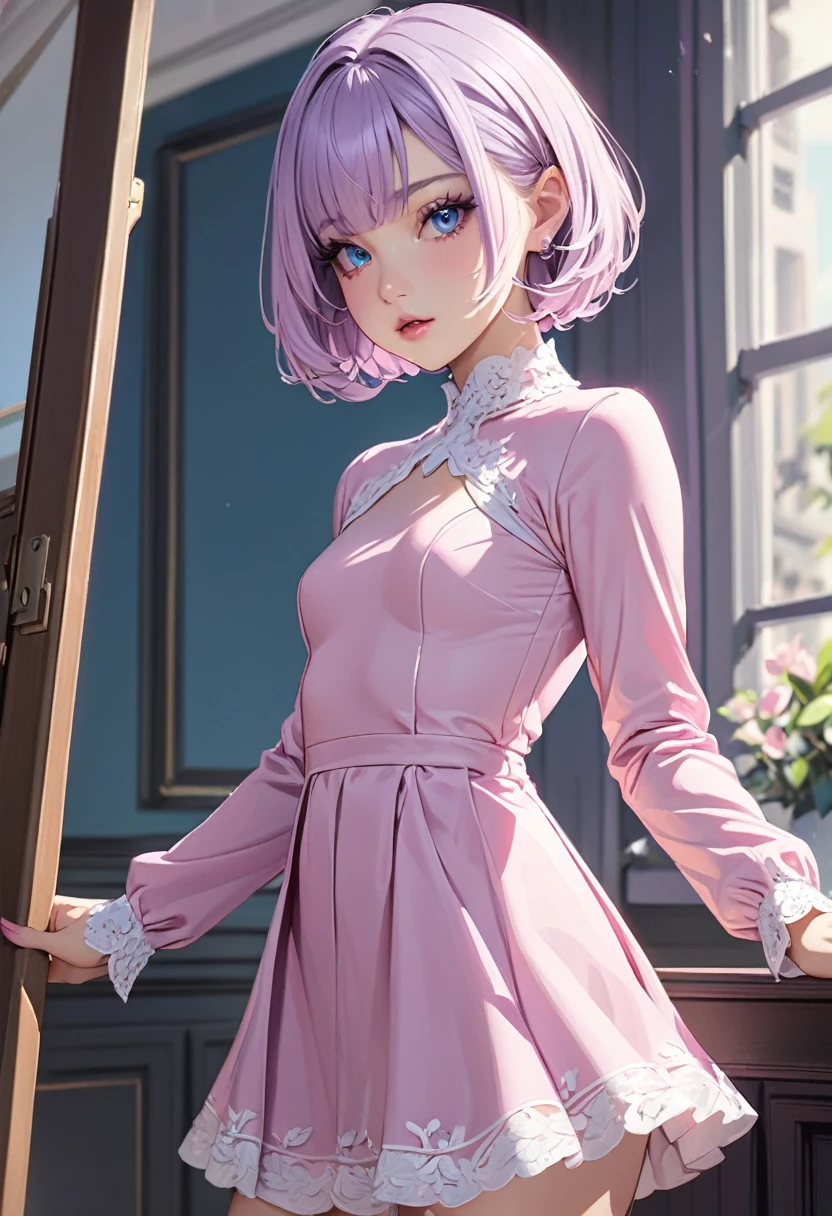 ((best quality)), ((Masterpiece)), (details), 1 woman, small breasts, light purple hair, blue eyes, ((short hair)), Bangs , beautiful face, Beautiful skin, Long eyelashes, Thick eyelashes, Cute pink long sleeve dress and short skirt.